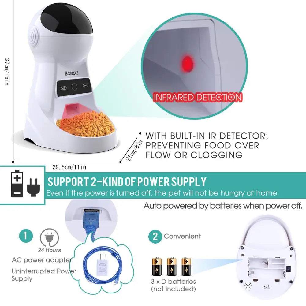 Iseebiz 3L Automatic Pet Feeder: Customizable Portions, Voice Recording, and IR Detector for Happy Meal Times