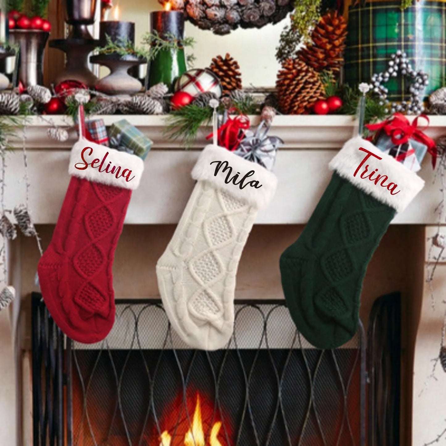 Personalized Knit Christmas Stockings with Custom Name and Candy Design