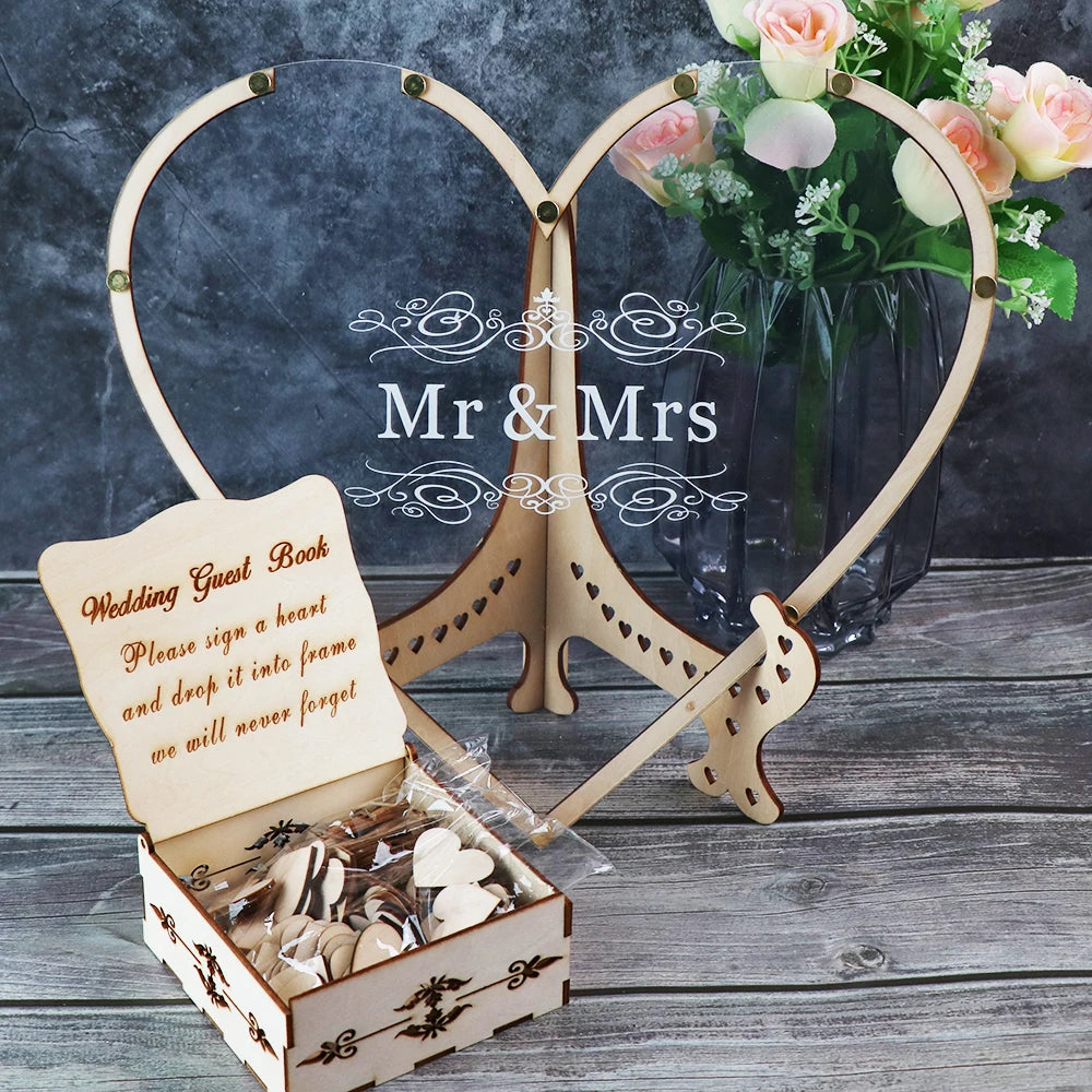 Personalized Heart-Shaped Wedding Guest Book with Rustic Wooden Drop Box