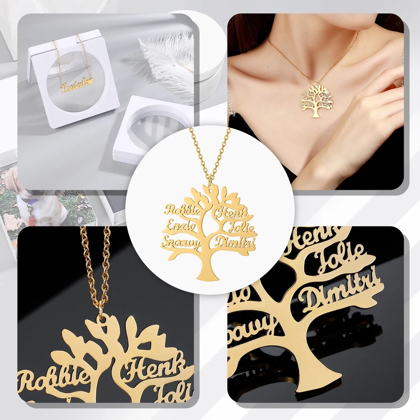 Personalized Tree of Life Necklace With 1-6 Names, Stainless Steel