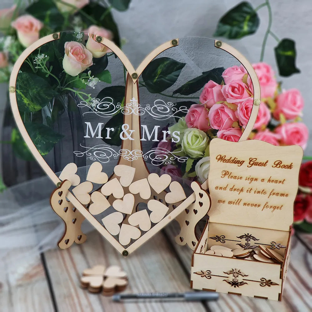 Personalized Heart-Shaped Wedding Guest Book with Rustic Wooden Drop Box