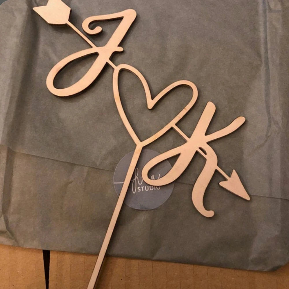 Personalized Wooden Cake Topper with Initials, Arrow, and Heart Design for Weddings