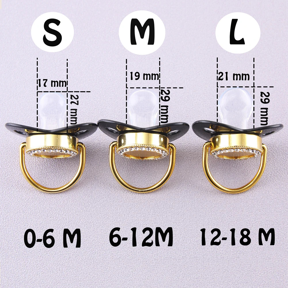 Personalized Gold Bling Pacifier Set with Pacifier Chain and Case - BPA Free and Orthodontic Design for Natural Oral Development