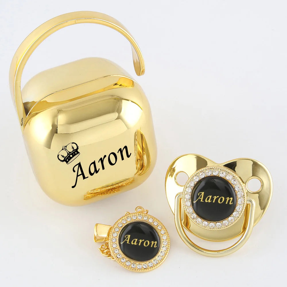 Personalized Gold Bling Pacifier Set with Pacifier Chain and Case - BPA Free and Orthodontic Design for Natural Oral Development