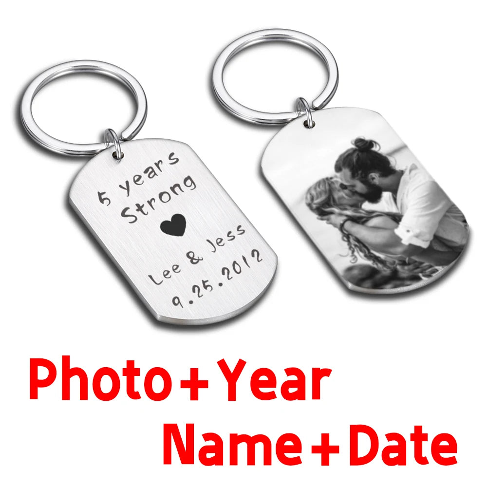 Personalized Stainless Steel Photo Keychain - Custom Engraved Couple Keychain with Name and Date - Unique Gift for Loved Ones