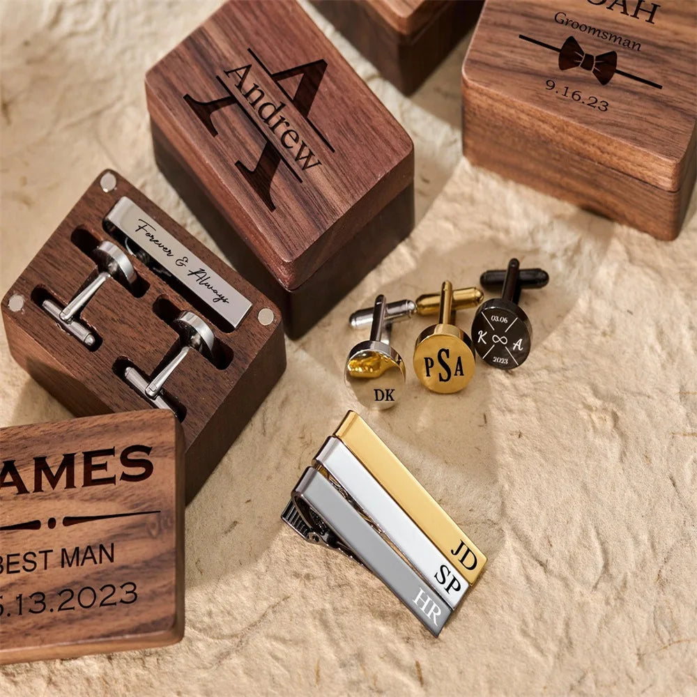 Personalized 2023 Groomsmen Cufflinks and Tie Clip Set with Engraved Wooden Box - Perfect Wedding Gift for Father of the Bride