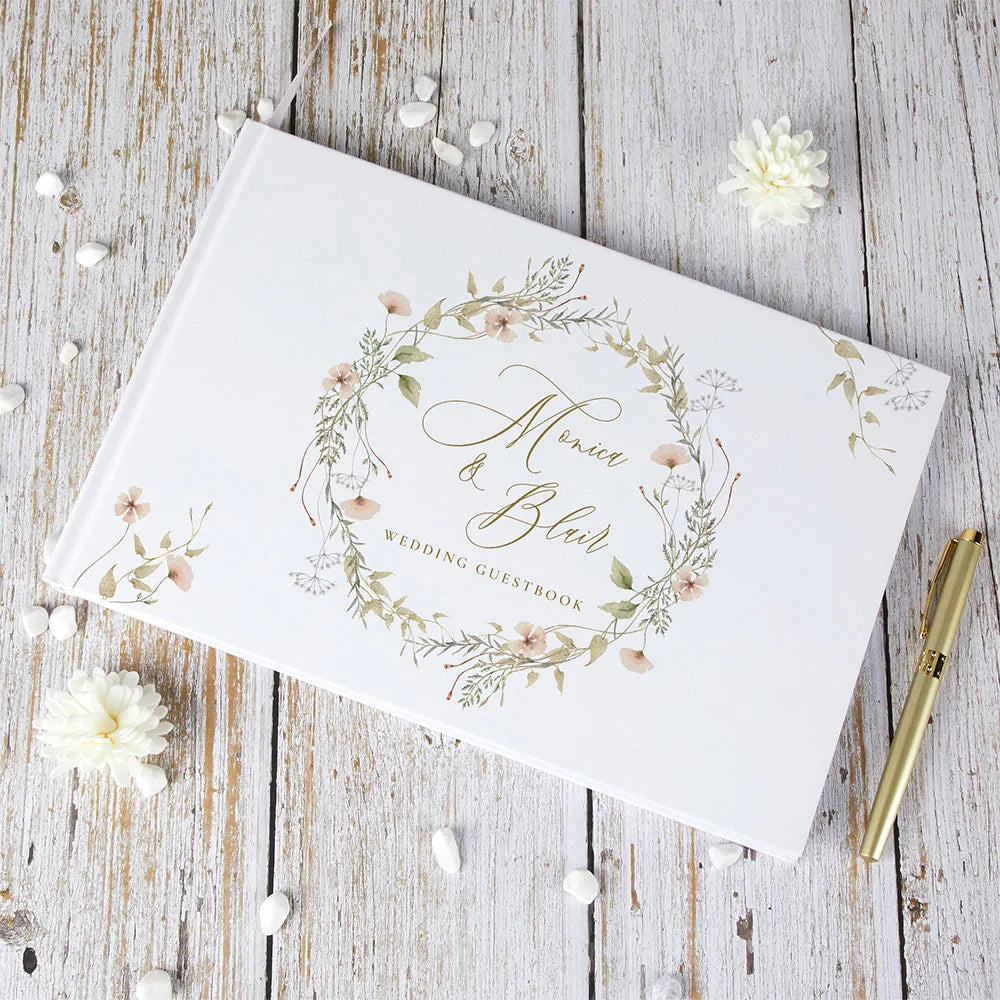 Personalized Wedding Guest Book with Flowers and White Cover - A Unique Alternative for Wedding Decorations and Gifts