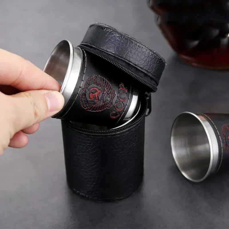 Personalized Mini Vodka Cup Set with PU Holster and Stainless Steel Construction