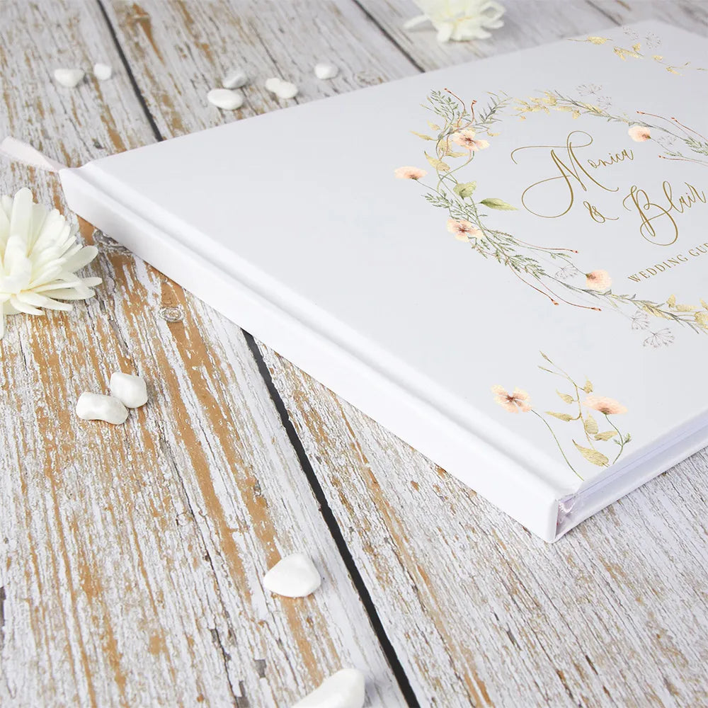 Personalized Wedding Guest Book with Flowers and White Cover - A Unique Alternative for Wedding Decorations and Gifts