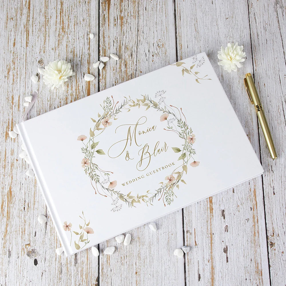 Personalized Wedding Guest Book with Flowers and White Cover - A Unique Alternative for Wedding Decorations and Gifts