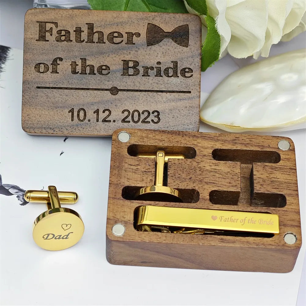 Personalized 2023 Groomsmen Cufflinks and Tie Clip Set with Engraved Wooden Box - Perfect Wedding Gift for Father of the Bride