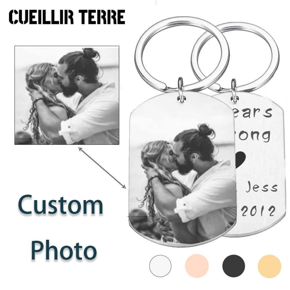 Personalized Stainless Steel Photo Keychain - Custom Engraved Couple Keychain with Name and Date - Unique Gift for Loved Ones