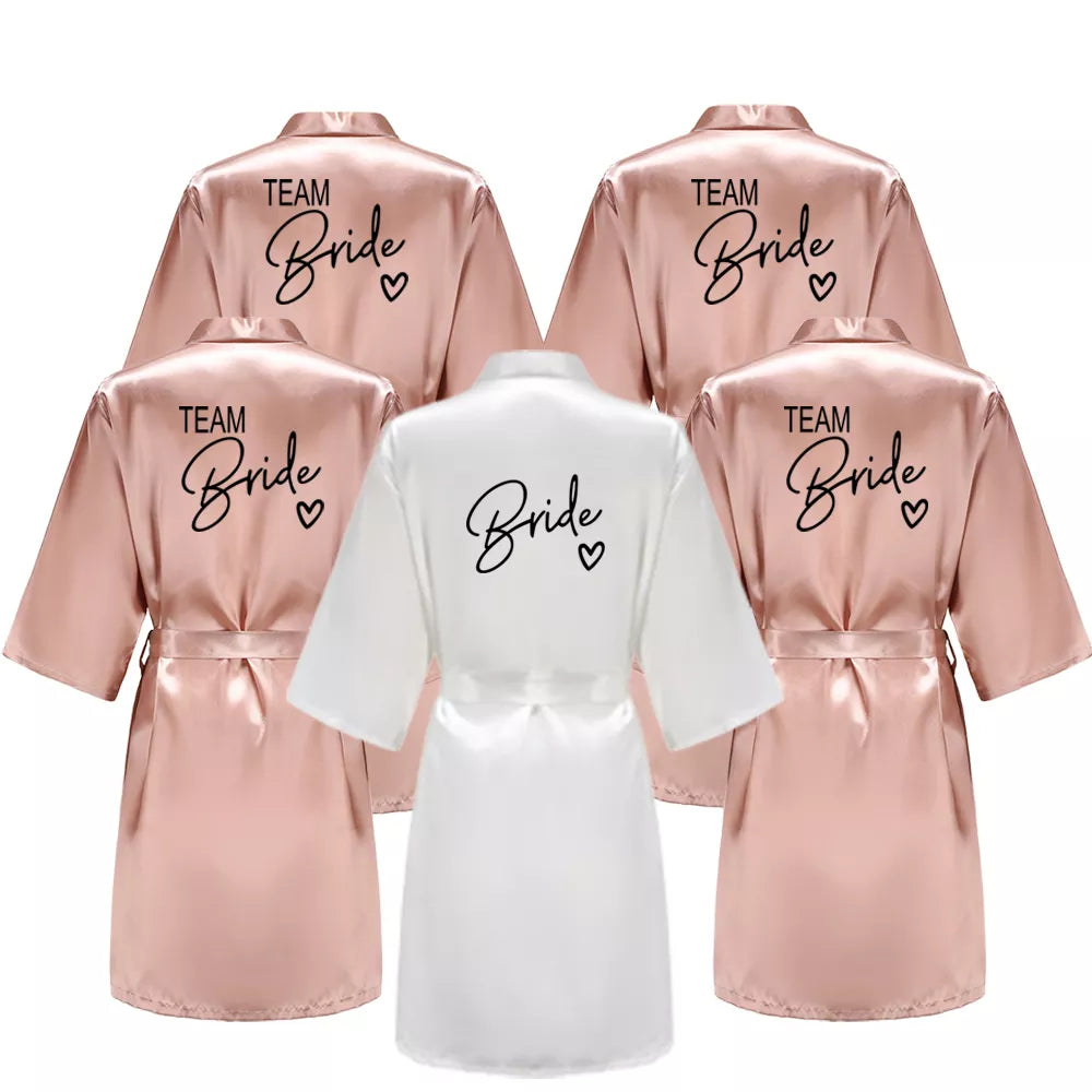 Elegant Team Bride Satin Robe for Wedding Party with Personalized Black Lettering