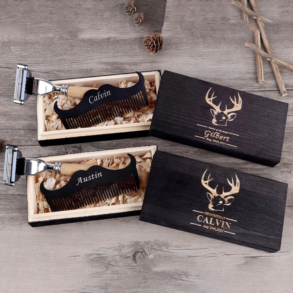 Personalized Wooden Razor & Beard Comb Set