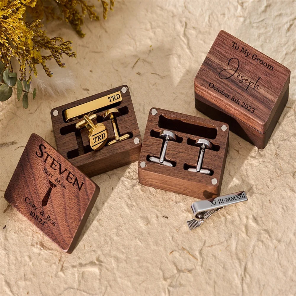 Personalized 2023 Groomsmen Cufflinks and Tie Clip Set with Engraved Wooden Box - Perfect Wedding Gift for Father of the Bride