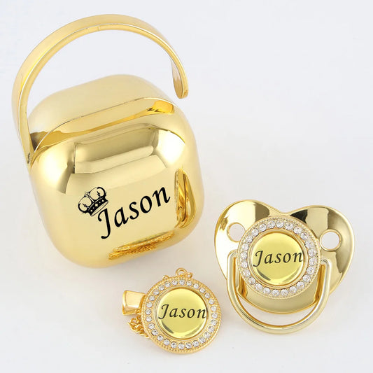 Personalized Gold Bling Pacifier Set with Pacifier Chain and Case - BPA Free and Orthodontic Design for Natural Oral Development