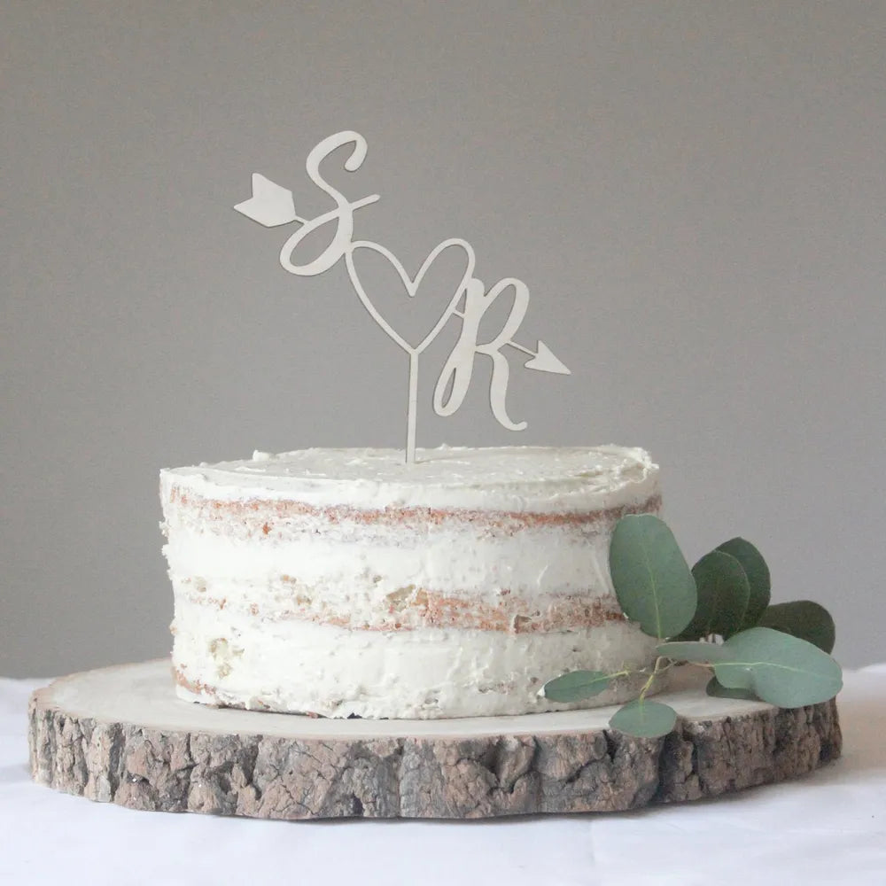 Personalized Wooden Cake Topper with Initials, Arrow, and Heart Design for Weddings