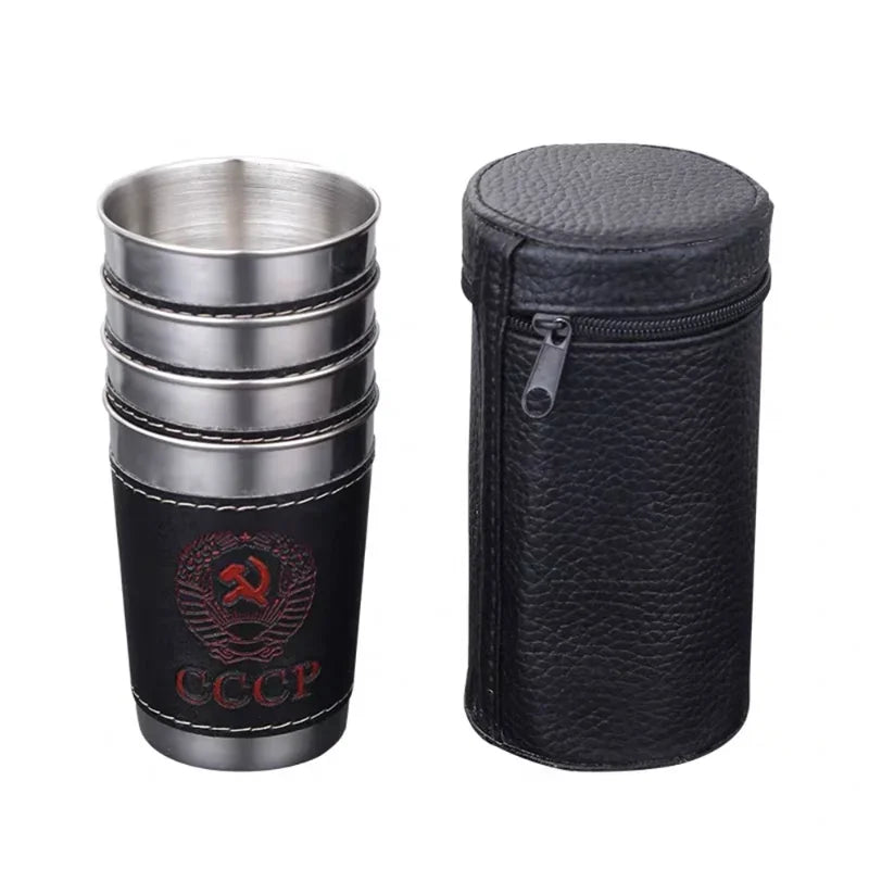 Personalized Mini Vodka Cup Set with PU Holster and Stainless Steel Construction