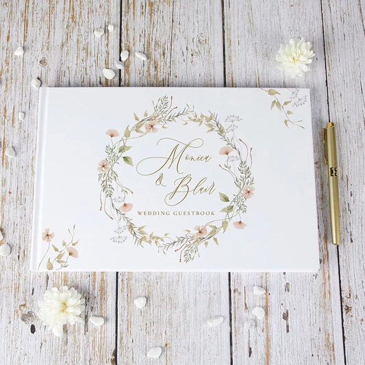 Personalized Wedding Guest Book with Flowers and White Cover - A Unique Alternative for Wedding Decorations and Gifts