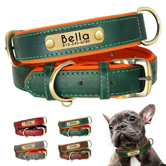 Personalized Leather Dog Collar with Engraved Nameplate and Soft Padding for Small to Large Dogs - Adjustable