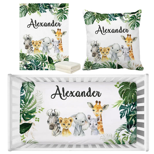 Personalized Jungle Animals Greenery Baby Bedding Set