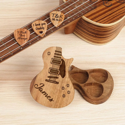 Personalized Wooden Guitar Pick Holder with Customized Plectrum Case and Gift Box